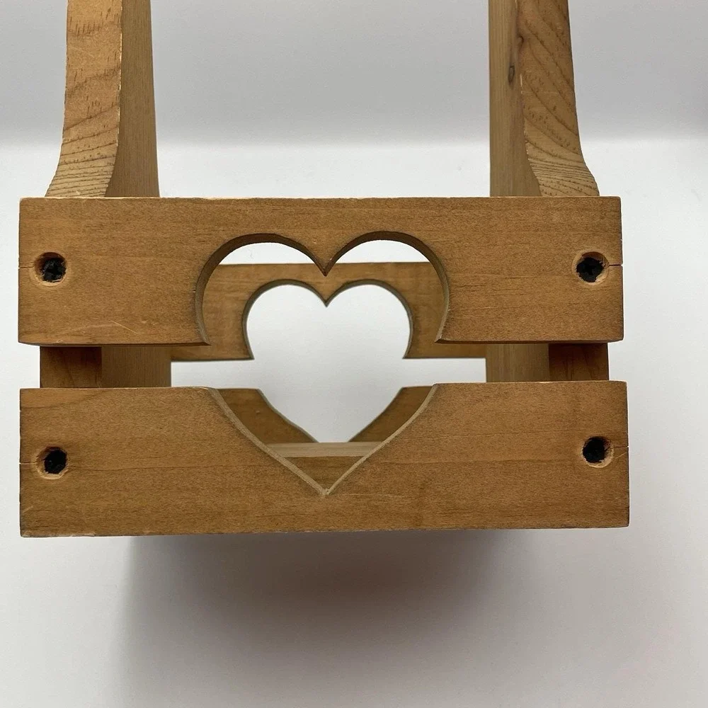 Vintage Wooden Heart Cutout Caddy Basket Tote Holder 10x6x7 Rustic Country Decor